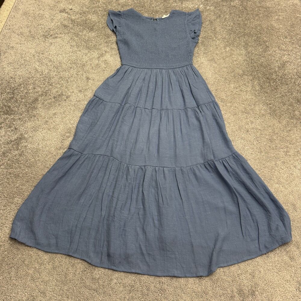 Blu Pepper Smocked Flutter Sleeve Tiered Maxi Sundress Women M Blue Square Neck